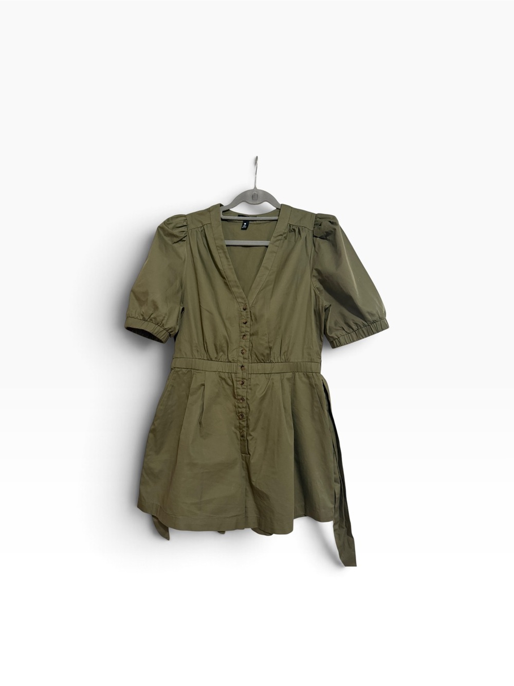 AQUA Bloomingdale’s Olive Green Puff Sleeve Cotton Belted Romper